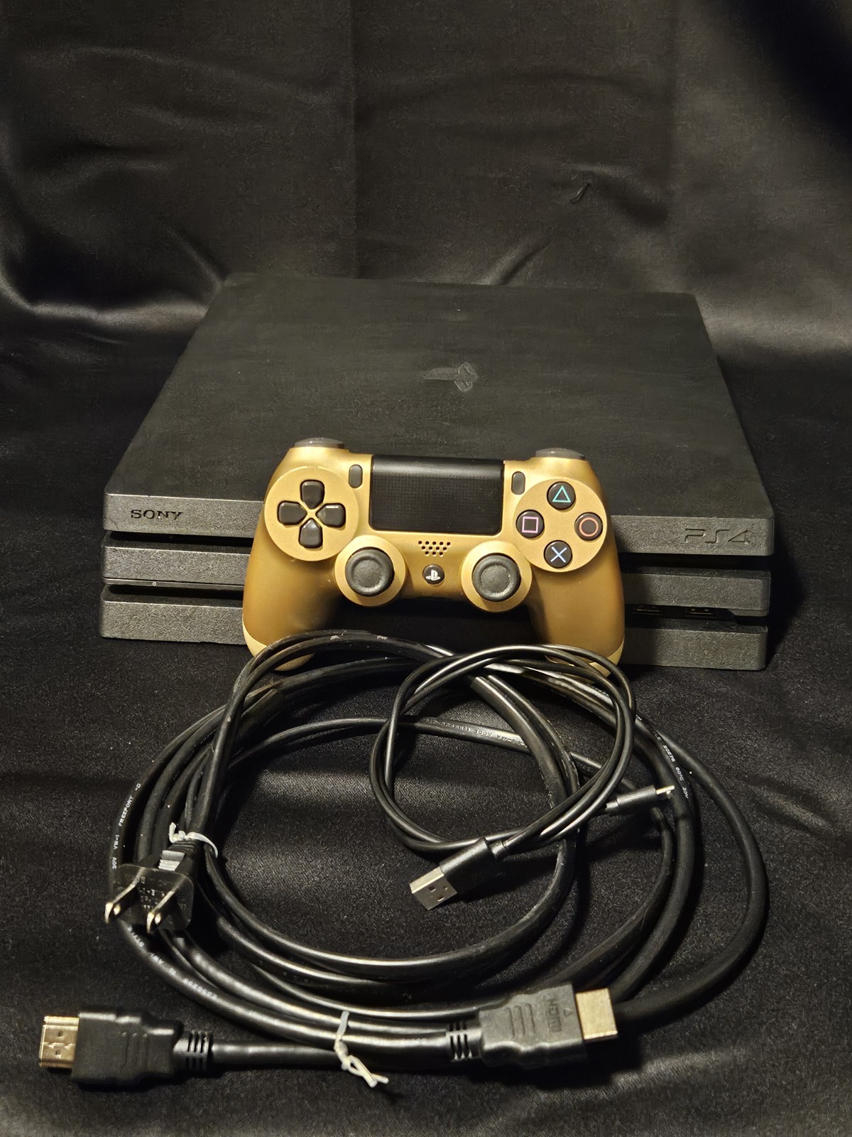 Sony PlayStation 4 Pro Console Black with Gold Controller and Cords