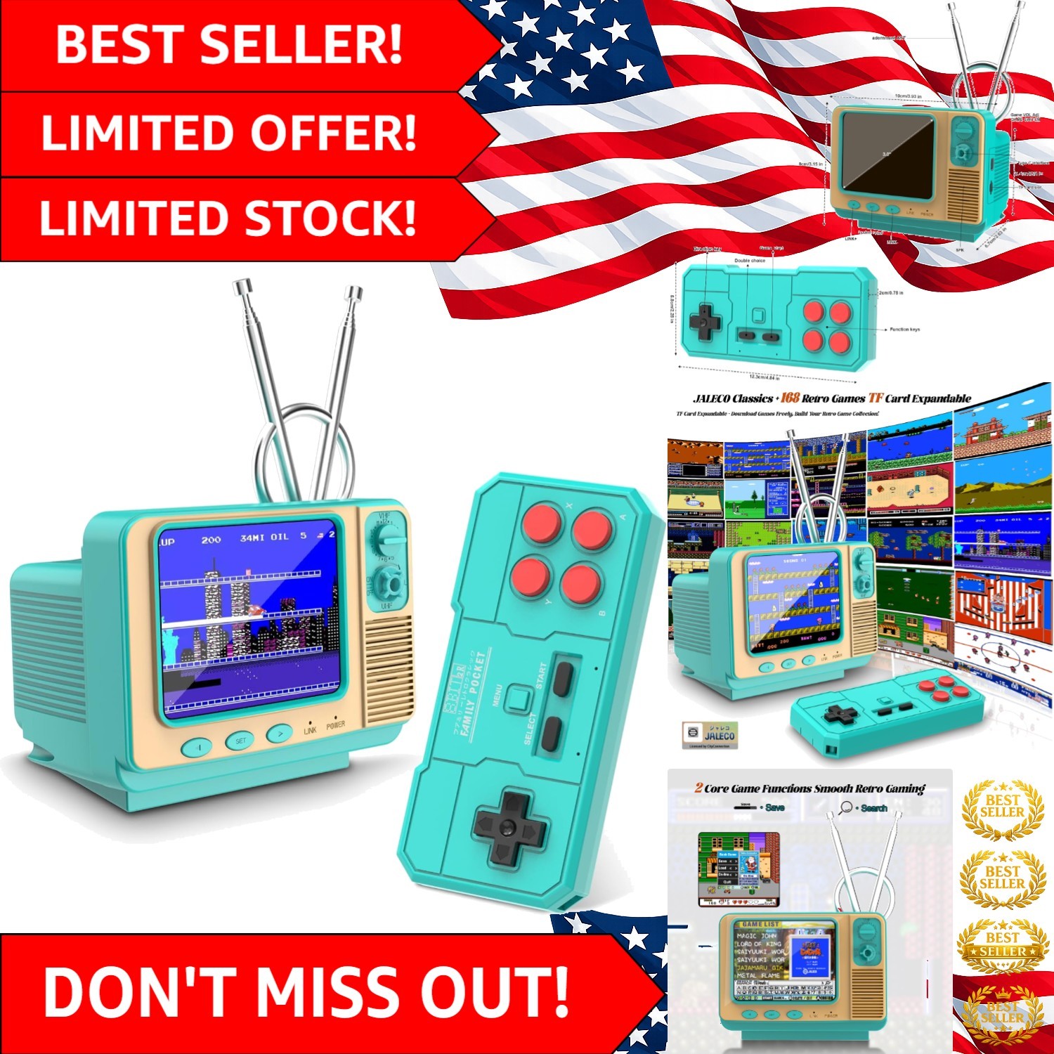 Retro Handheld Game Console – GV300S JALECO+168 Classic Games Mini TV Style w…