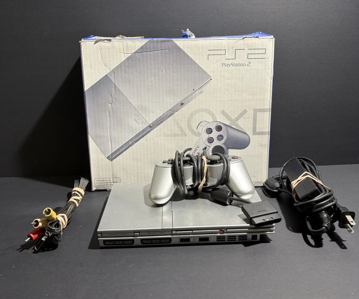Sony PS2 Slim Silver Console Bundle w/ Cords & Controller, And Box – TESTED