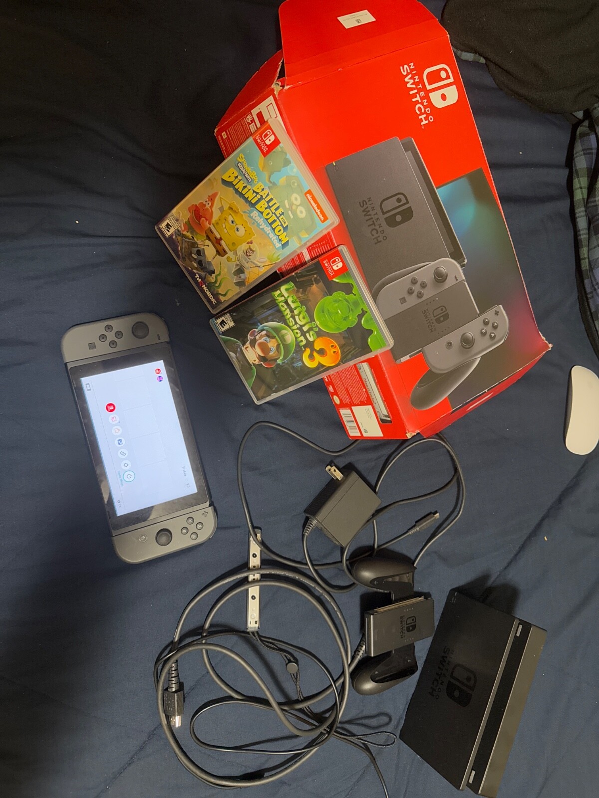 Nintendo Switch V2 Gray Joy Cons 32GB Gaming Console + Luigi’s Mansion 3 + SSBFB