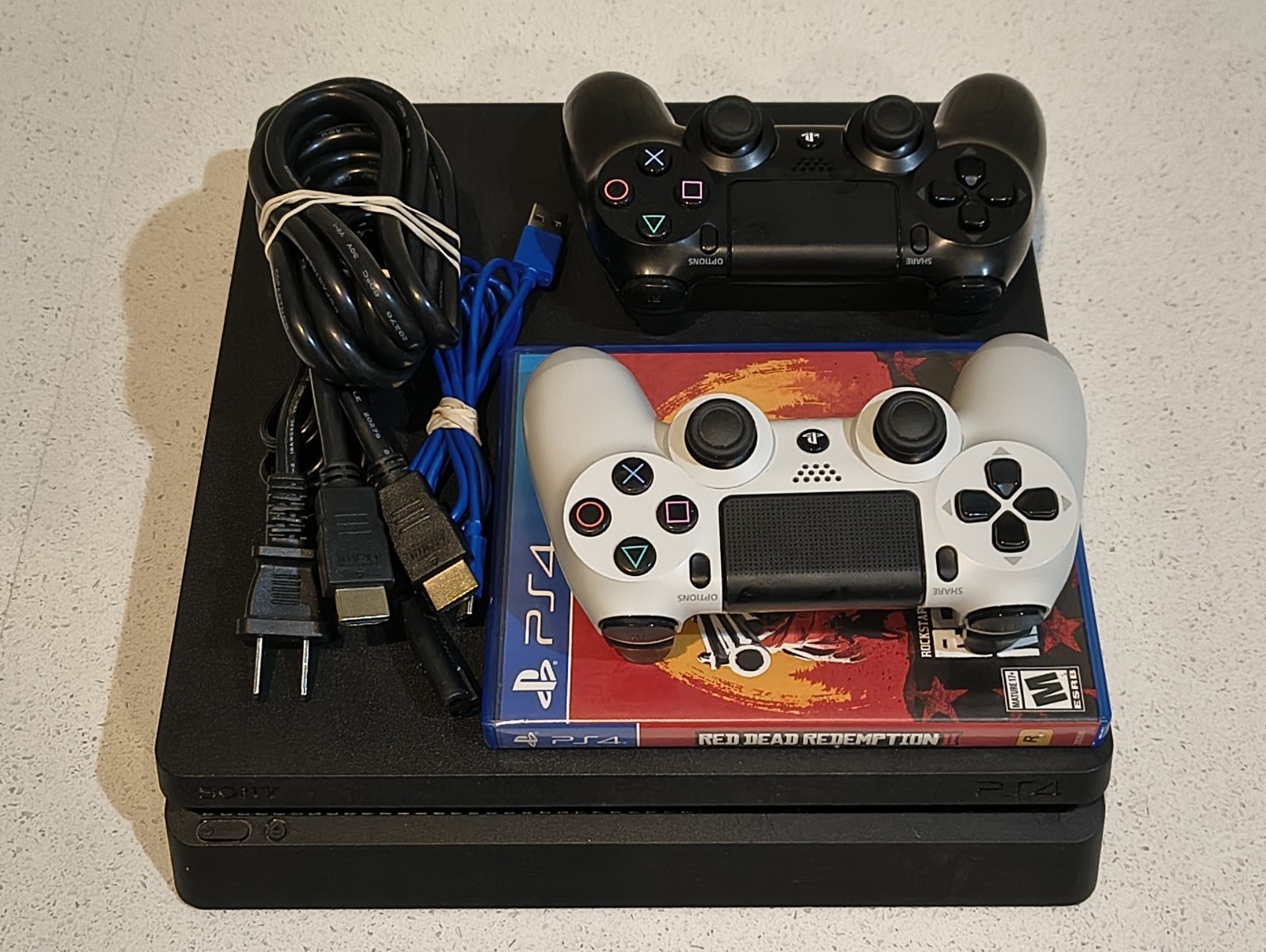 Sony PlayStation 4 PS4 Slim Console w/ 2 Controllers, RDR2 Game, HDMI & Power