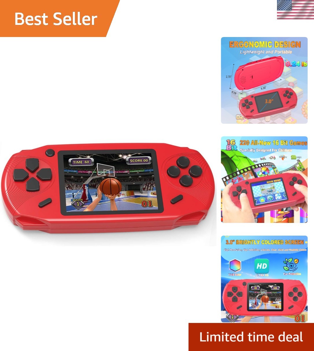 Unique Gift: 220 Retro Game Handheld Console for Kids – Educational Fun in Red