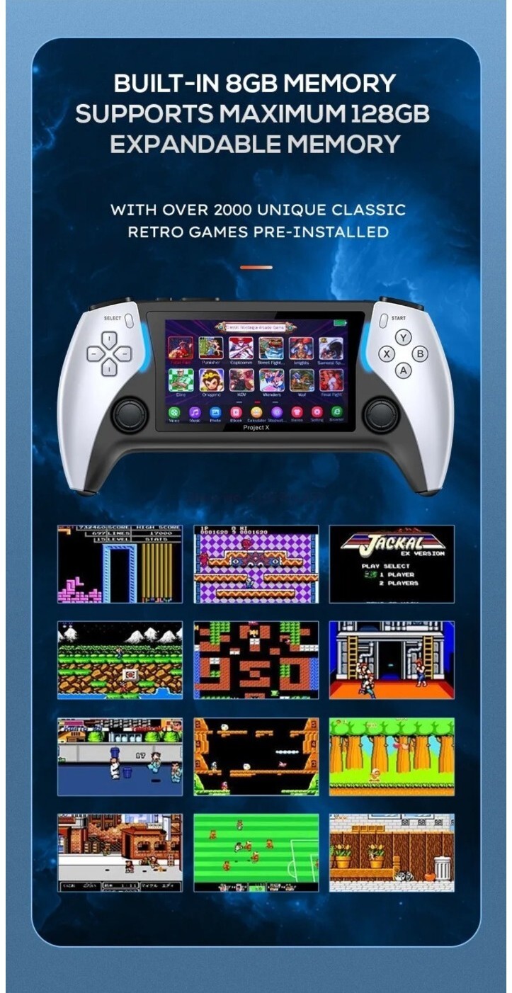 PROJECT X 4 PORTABLE CONSOLE IPS SCREEN 3″ QUAD CORE 8GB SD PS1 MAME NEOGEO GBA