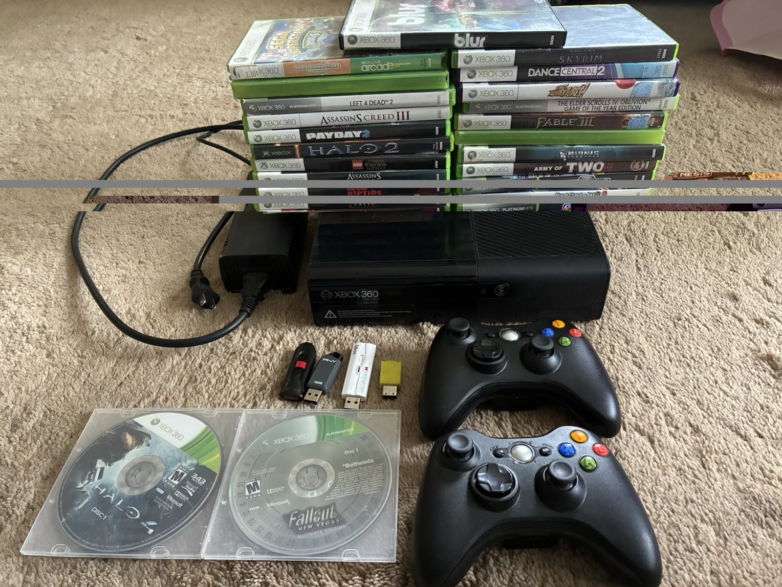 Xbox 360 Console E Console w/ 2 Controllers & 2 Dongles (No HDMI Cable) 23 Games