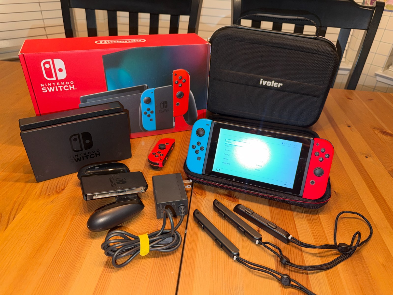 Nintendo Switch V2 Bundle Tested Dock Box 2 Cases Extr Joy Con 64GB microSD Card