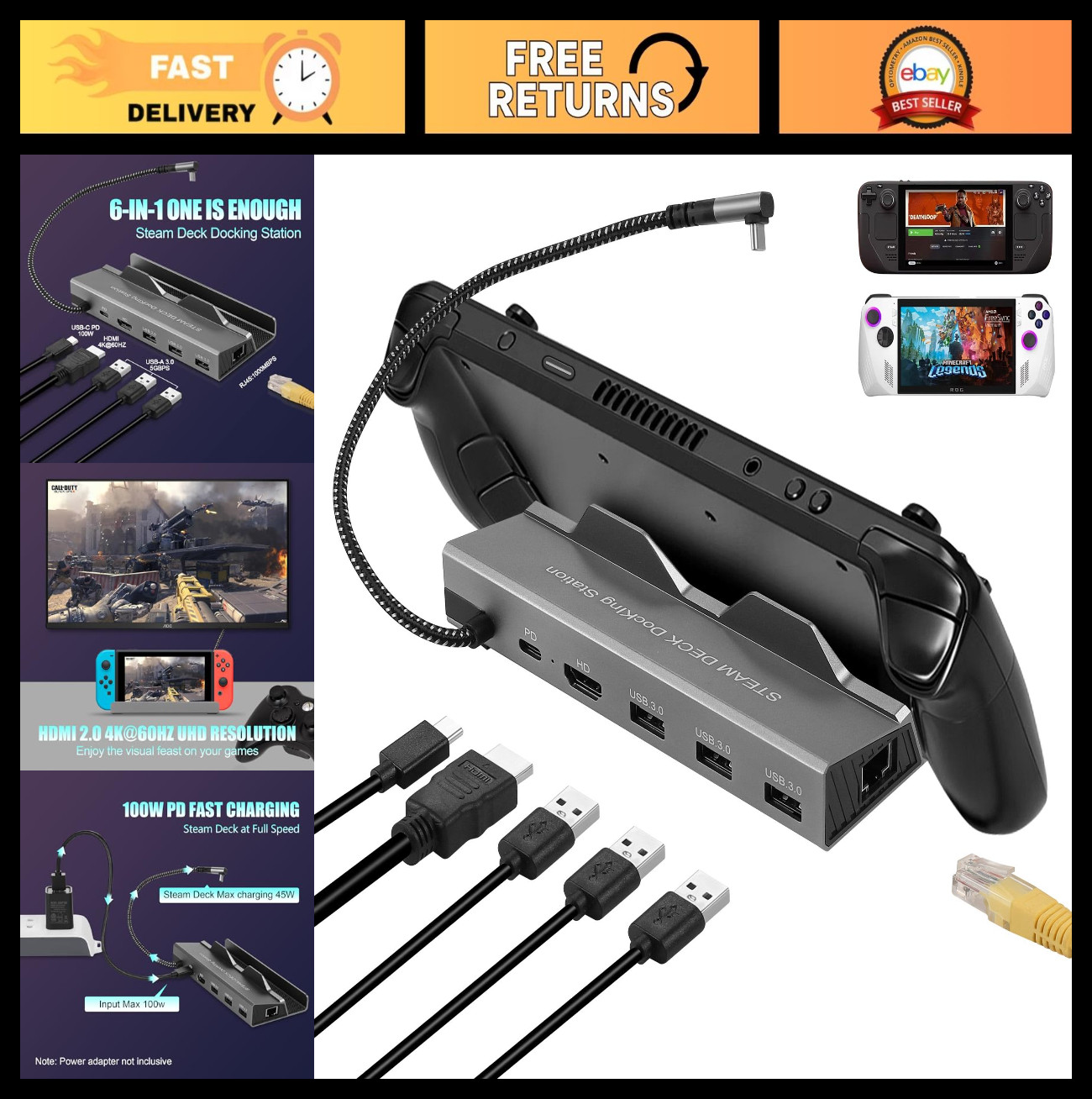 6-in-1 Docking Station for Steam Deck & ROG Ally, HDMI 4K@60Hz, Gigabit Ethernet