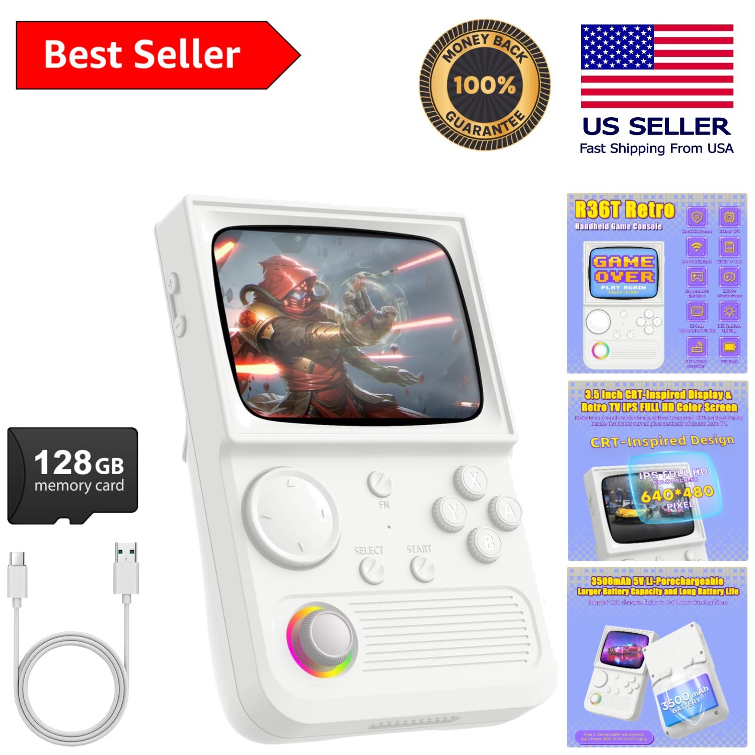 3.5” IPS Screen R36T Retro Gaming Console – Multiplayer, RGB Lights, & More