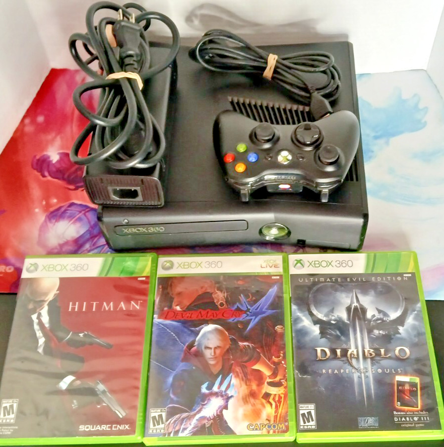 Microsoft Xbox 360 Slim Console (250GB) Controller Kinect with 3 games. Tested.