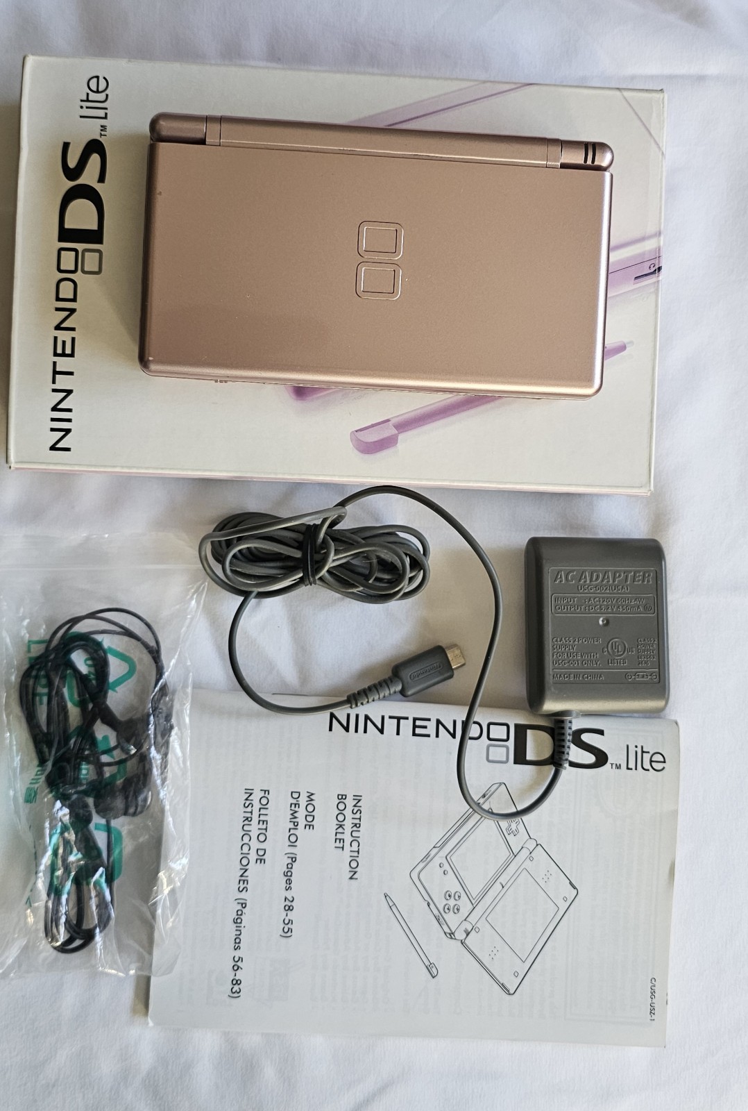 Nintendo DS Lite Metallic Rose Console Touch Screen w/ Charger, Box, Game