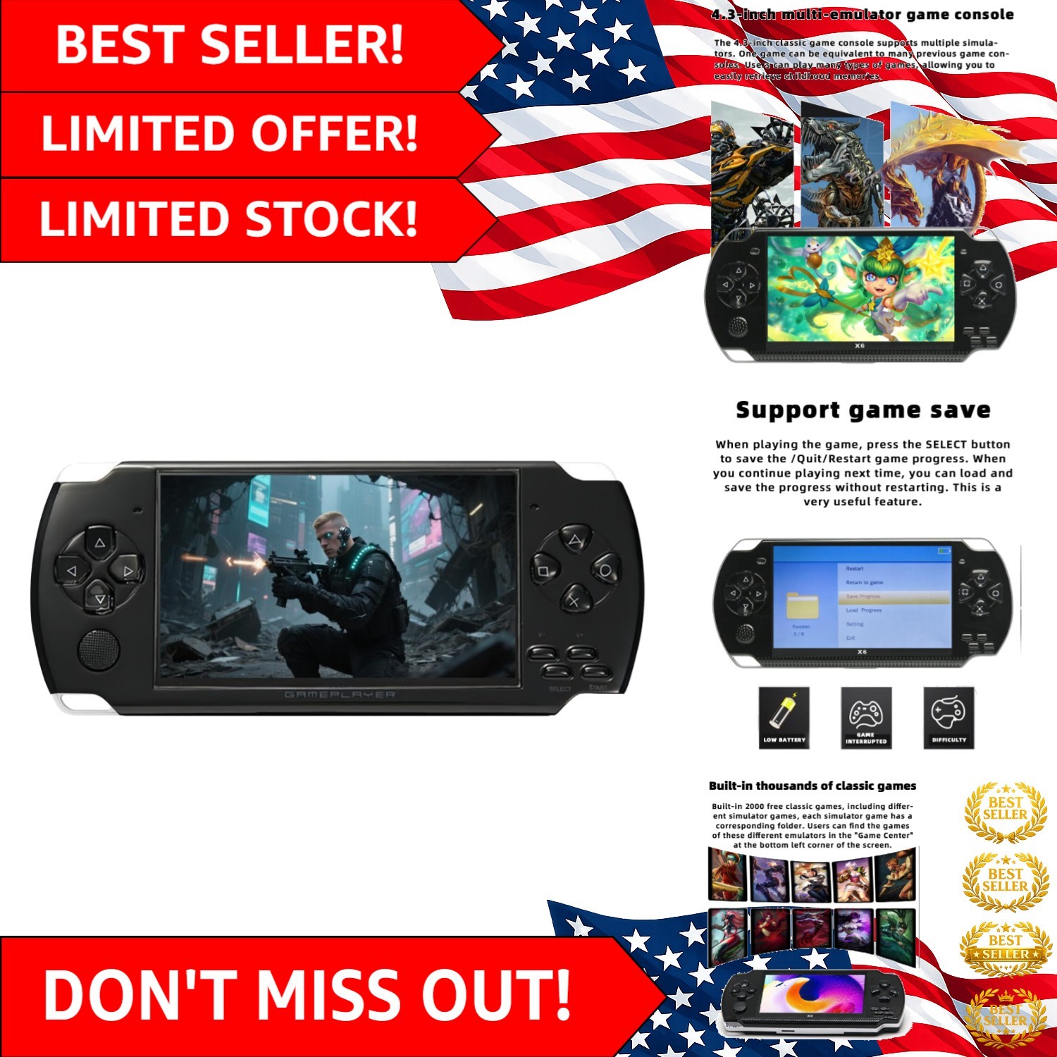 X6 Classic Game Console – 8GB Memory, Built-in 2000 Retro Games, TV Connection