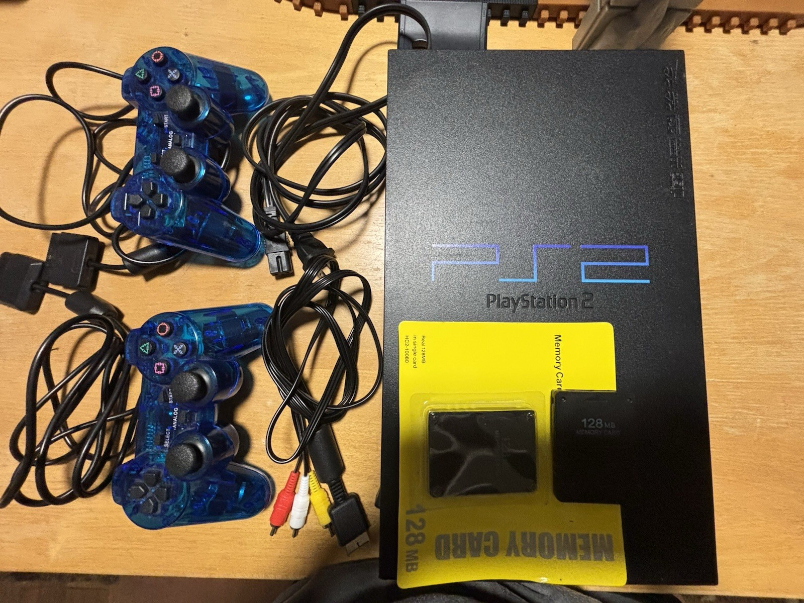 Sony PlayStation 2 PS2 Black Console Bundle 2 Blue Controllers AV Cables