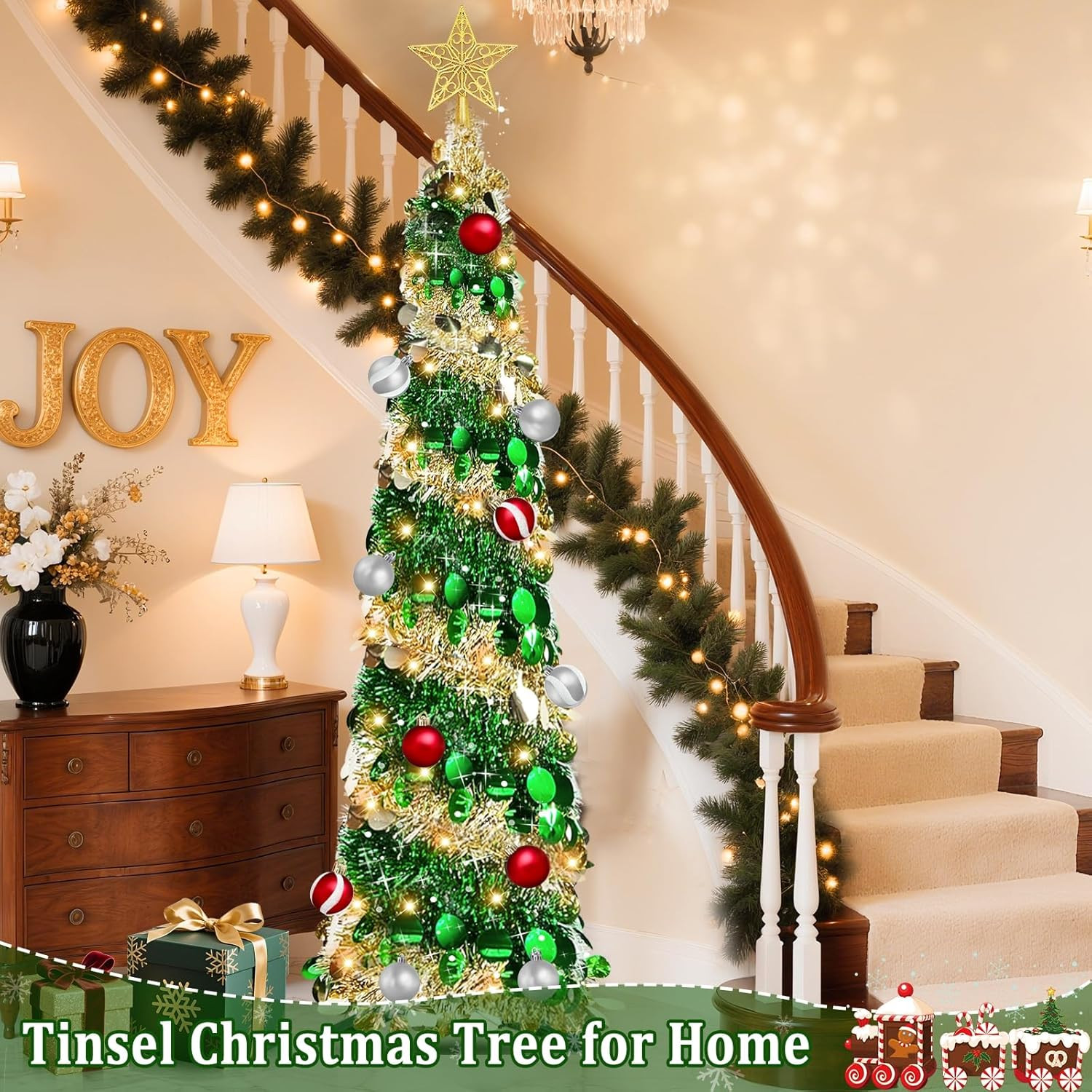 Dual Color Switch&Timer 5 Ft Gold Pop up Christmas Tree with 50 Warm White&Color
