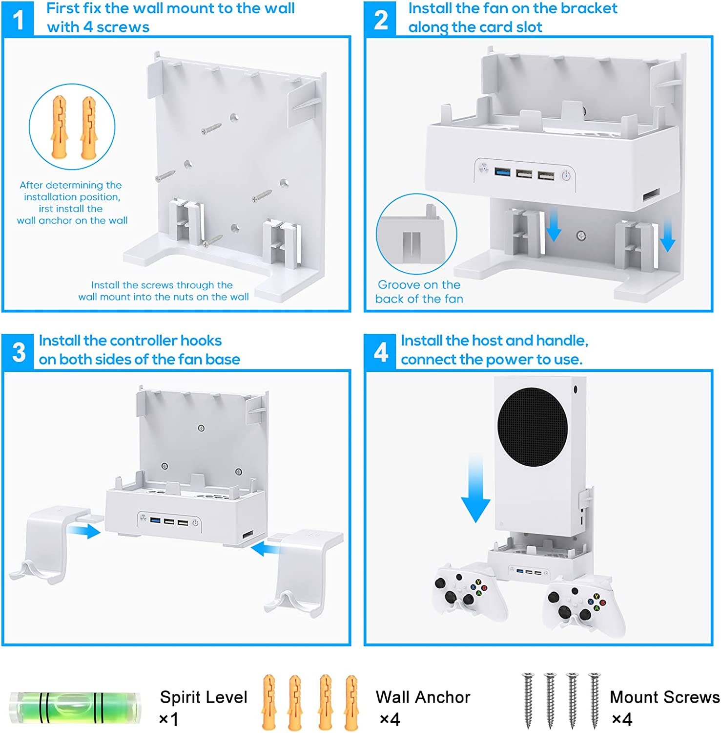 For Xbox Series S Controlle Wall Mount Holder Bracket with Dual Cooling Fan