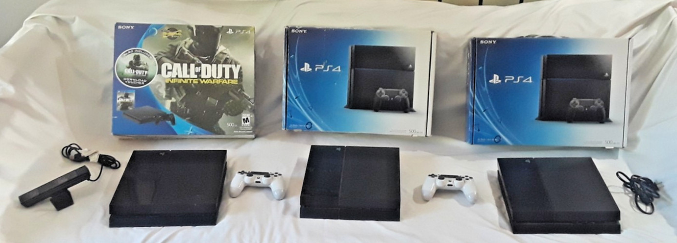 Sony Playstation PS4 CONSOLE LOT x 3 w/ original Boxes + controllers, camera