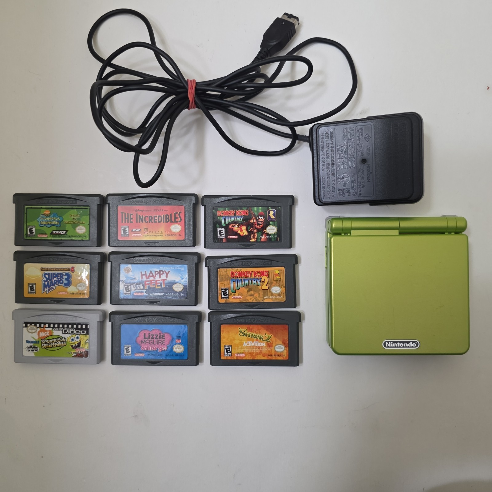 Nintendo Gameboy Advance GBA SP Lime Green AGS-001, 8 Games W/ charger WORKS