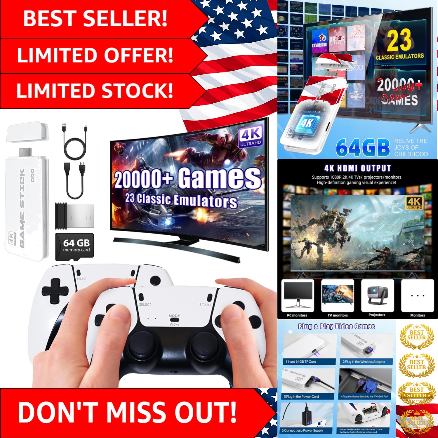 Retro Gaming Delight: Wireless Console with 20,000+ Games & 4K HDMI for Families