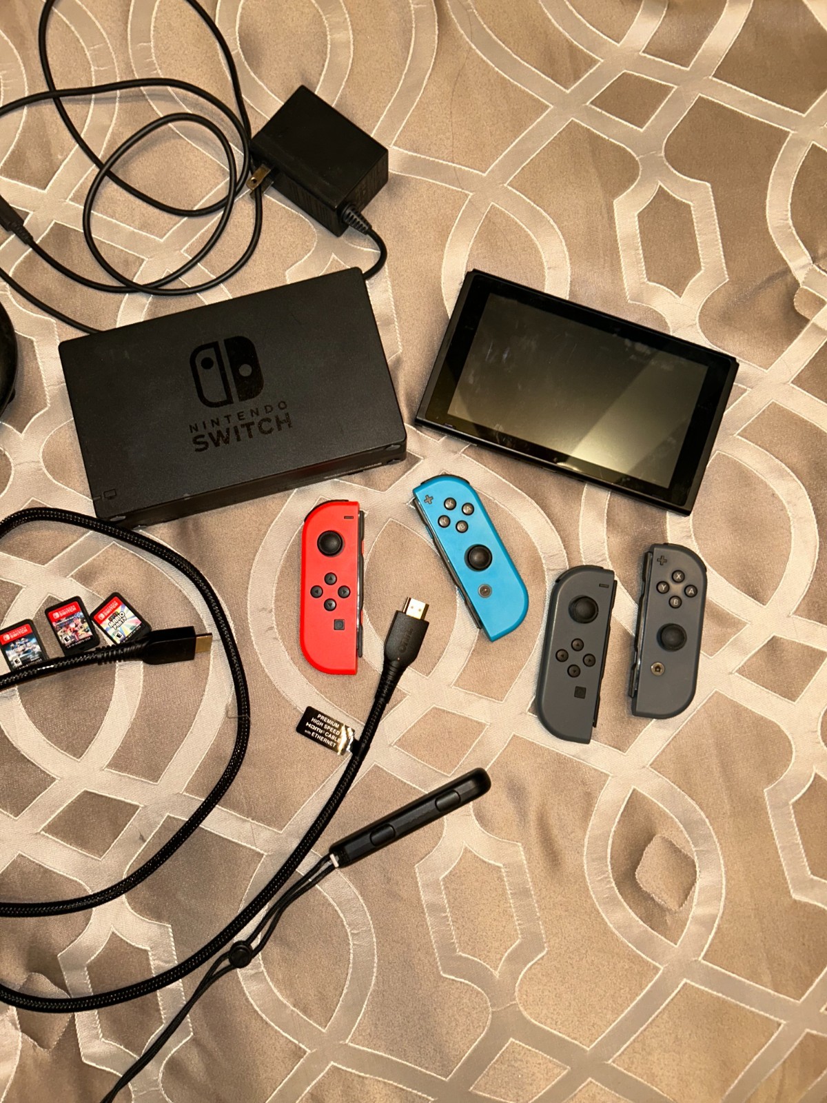 Nintendo Switch 32GB Gray Console with Neon Red and Neon Blue Joy-Con Bundle