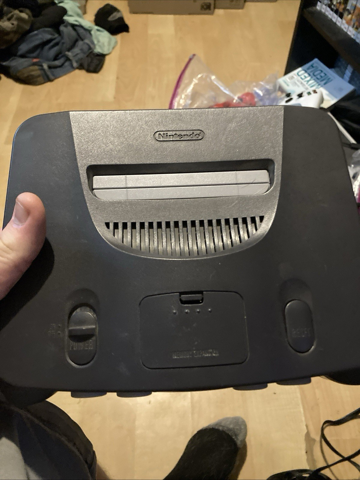 Nintendo 64 Black Console With 2 Purple Controllers And Power Cables
