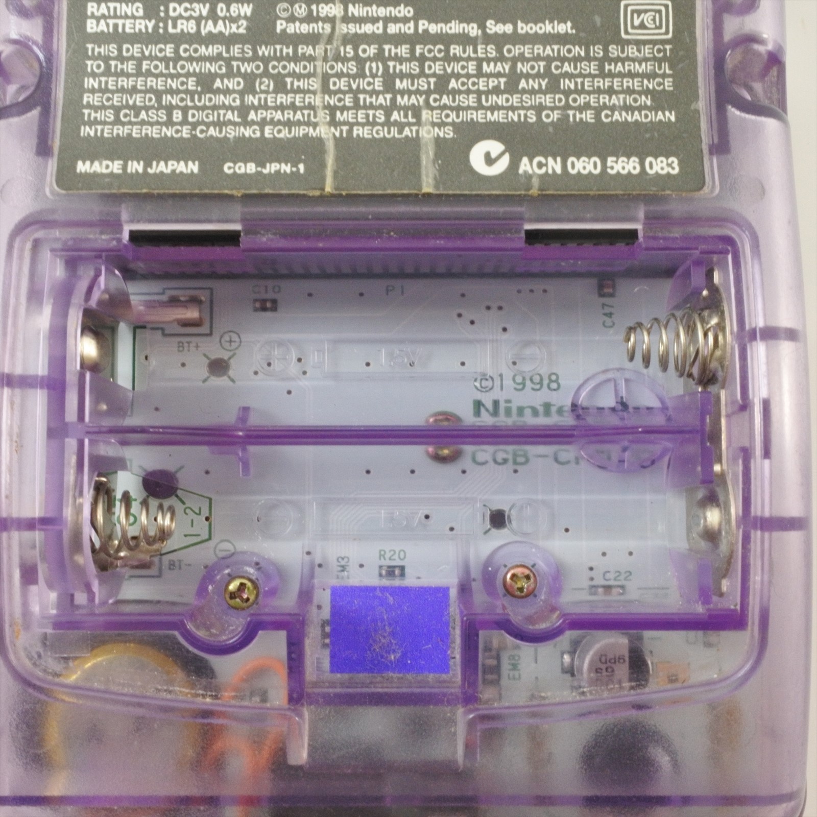 JUNK Gameboy Color Console Clear Purple CGB-001 Small Sound Nintendo JAPAN 18 gb