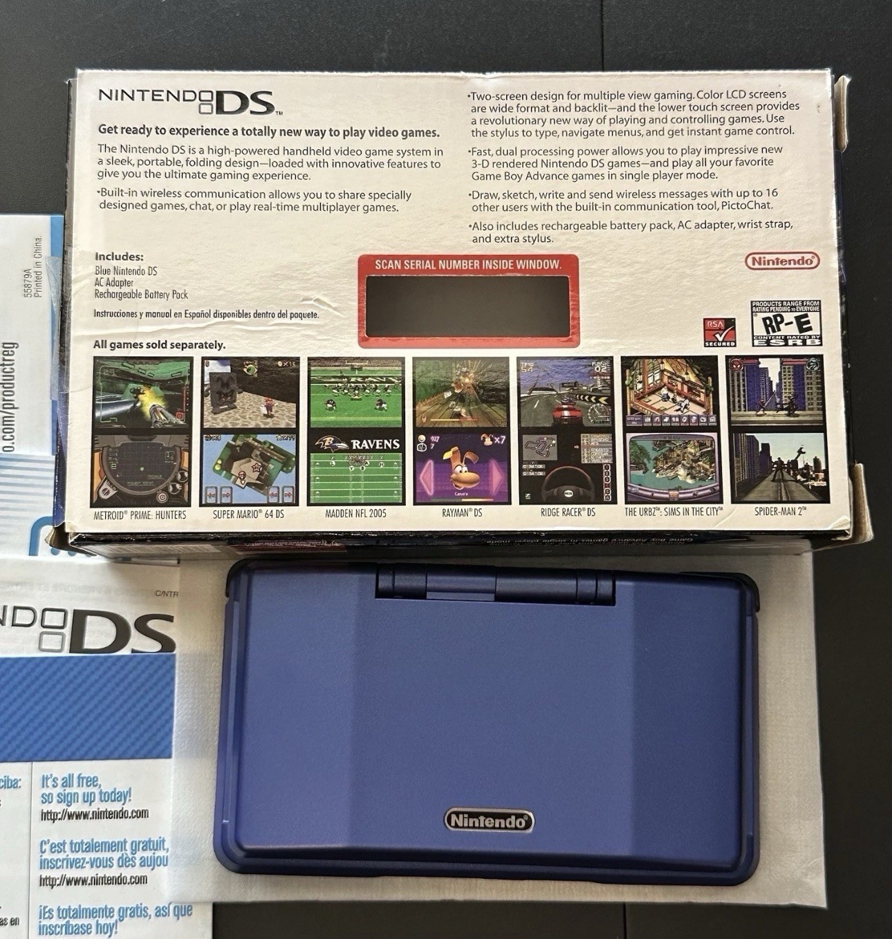 Electric Blue Nintendo DS Handheld Console System Inserts Box Manual Stylus
