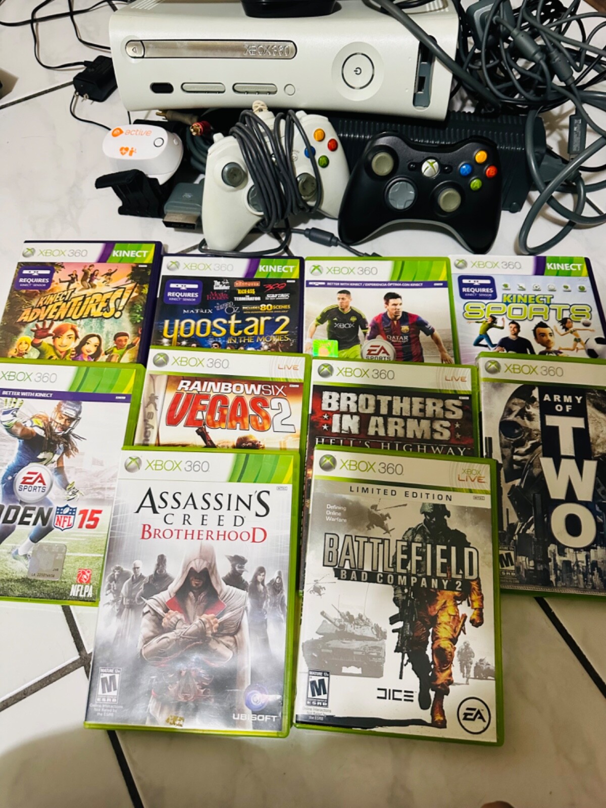 Xbox 360 With 2 Controllers, Kinect, Active EA Sports Reader, 10 Games
