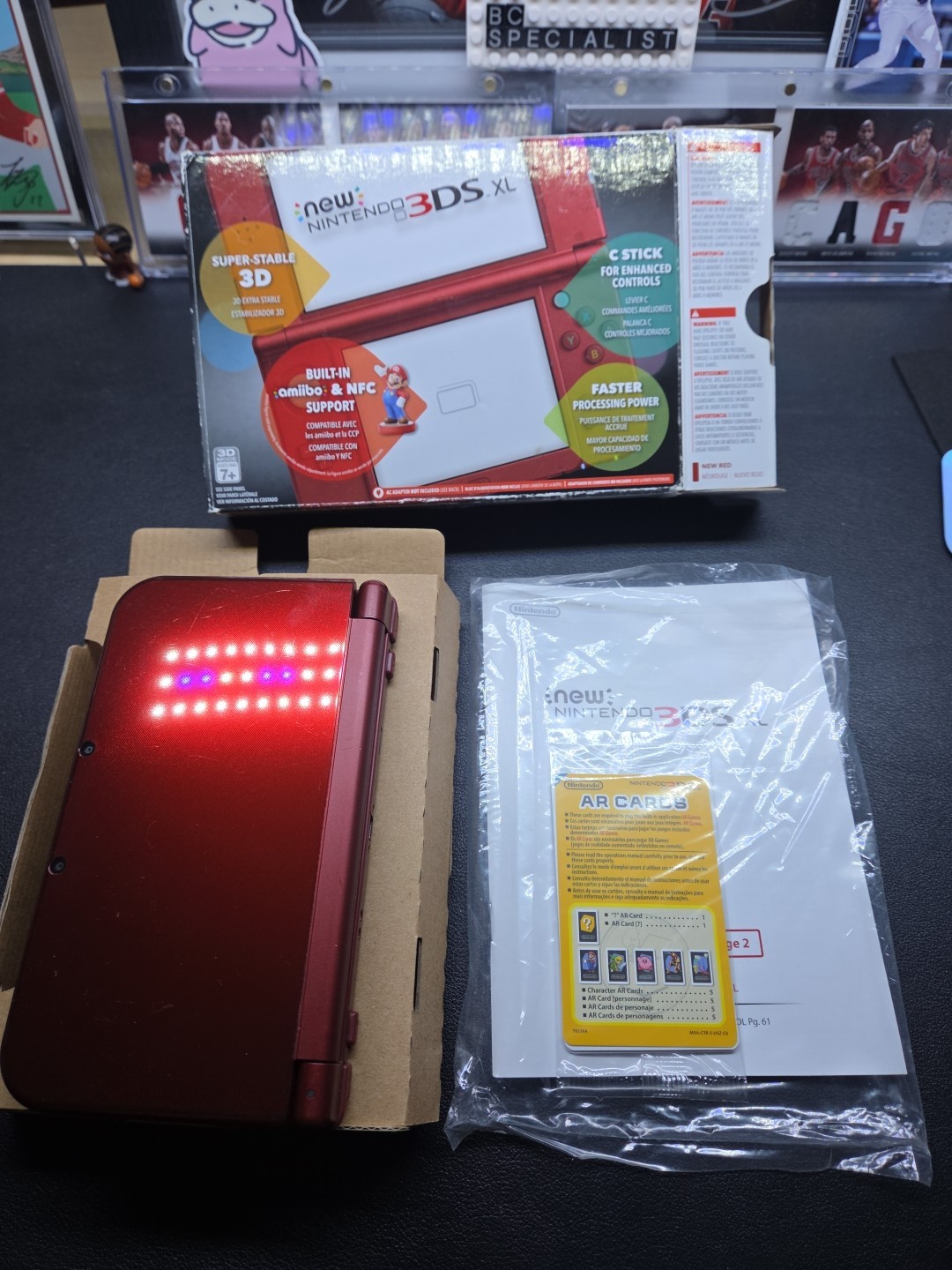 Nintendo 3DS XL Red In Box w/ AR Card Stylus Manual Complete + 2 Games Loaded