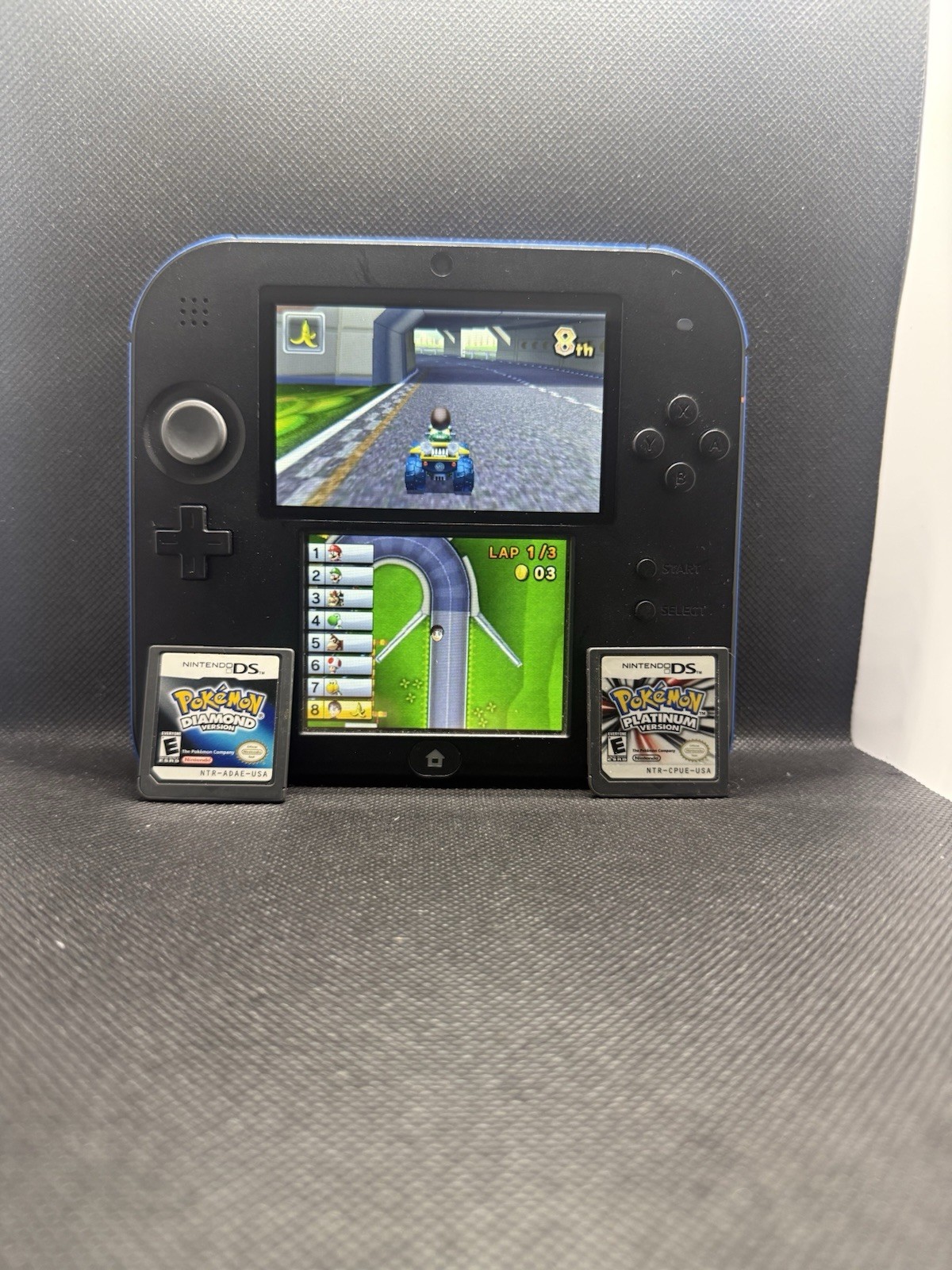 Nintendo 2DS Black Blue Handheld w Charger Pokemon Platinum & Pearl, Mario Kart