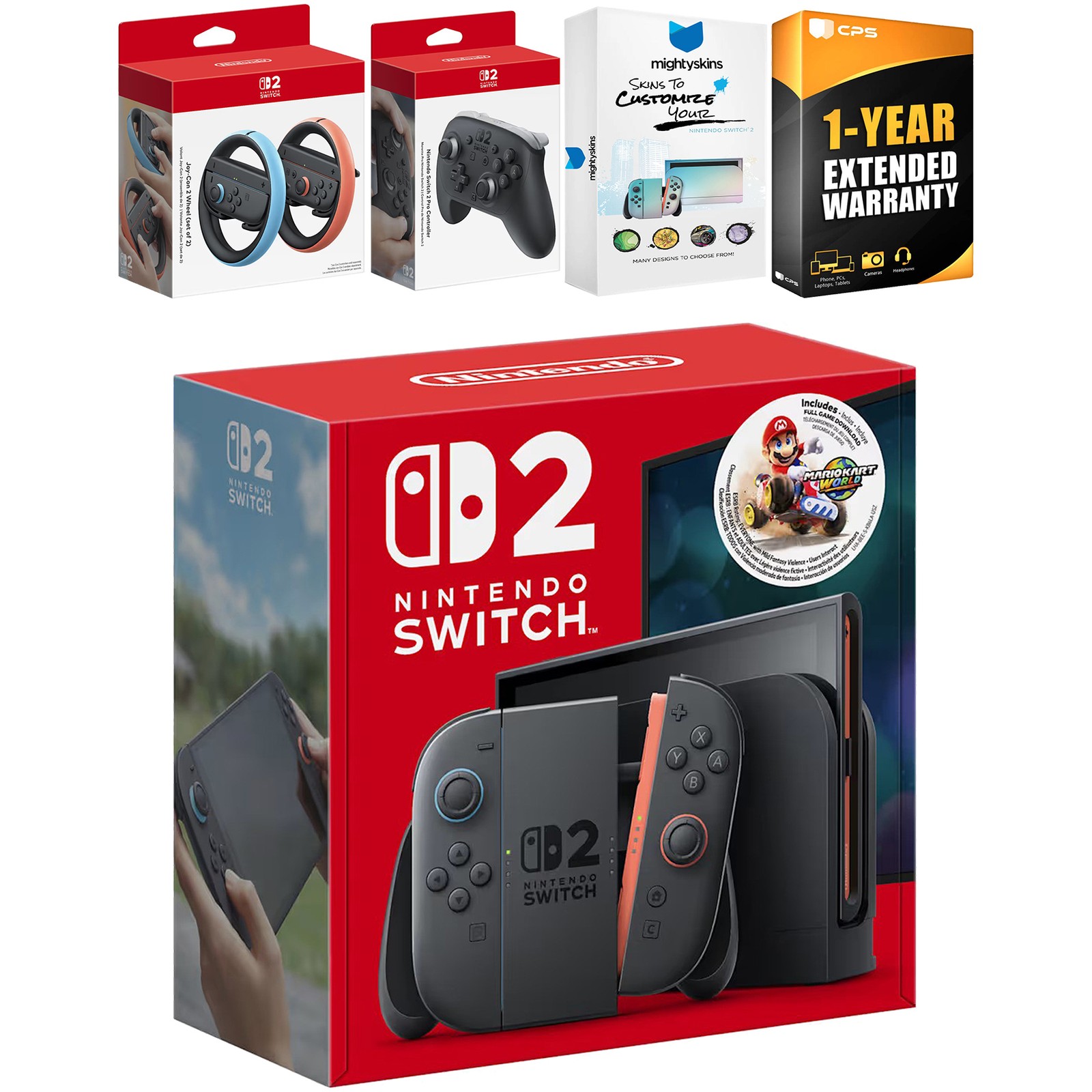 Nintendo Switch 2 Mario Kart Bundle, Pro Controller, Joy Con Wheel, MightySkins