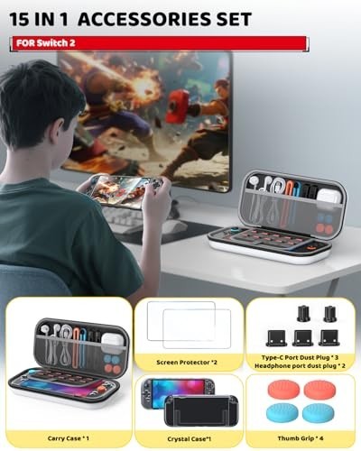 Nintendo Switch 2 Accessories Bundle – Hard Shell Case, Screen Protectors, Grips