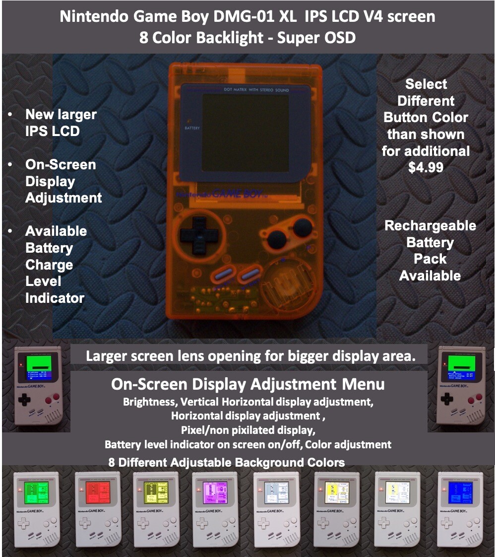 Nintendo Game Boy DMG-01 XL IPS OSD V4 screen 8 Color Backlight – CLEAR ORANGE