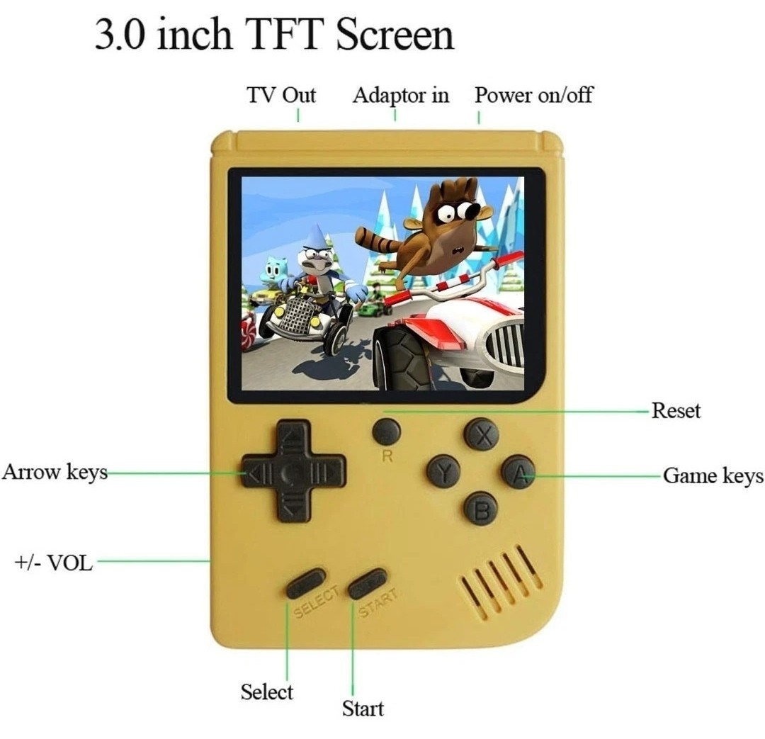 Yellow Handheld Game Console, 168 Games, 3.0″ Screen, TV Output, Rechargeable