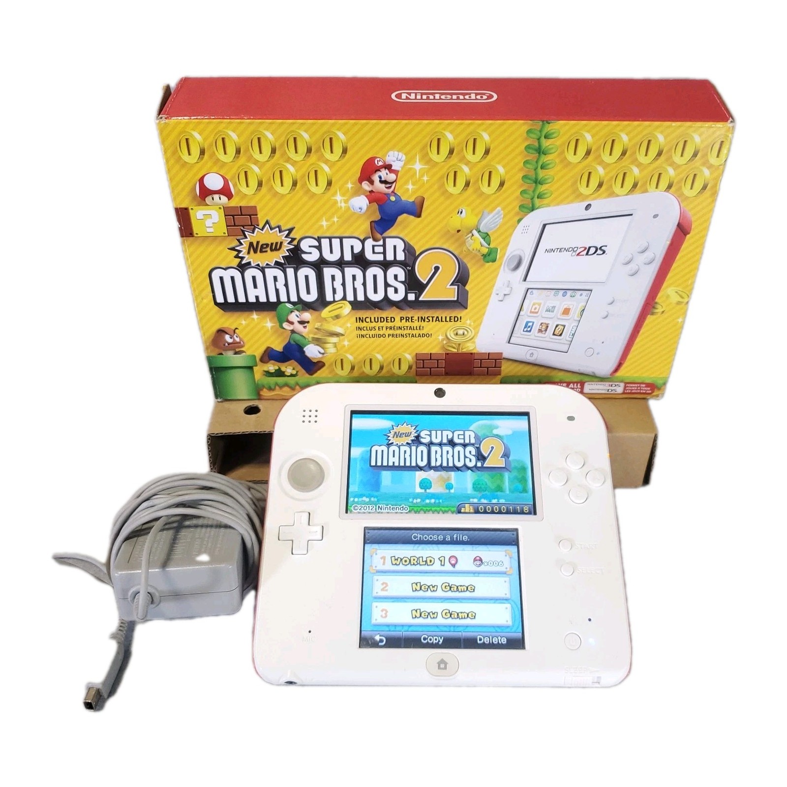 Nintendo 2DS Scarlet Red Console W/ Super Mario Bros. 2 Pre-installed + Charger
