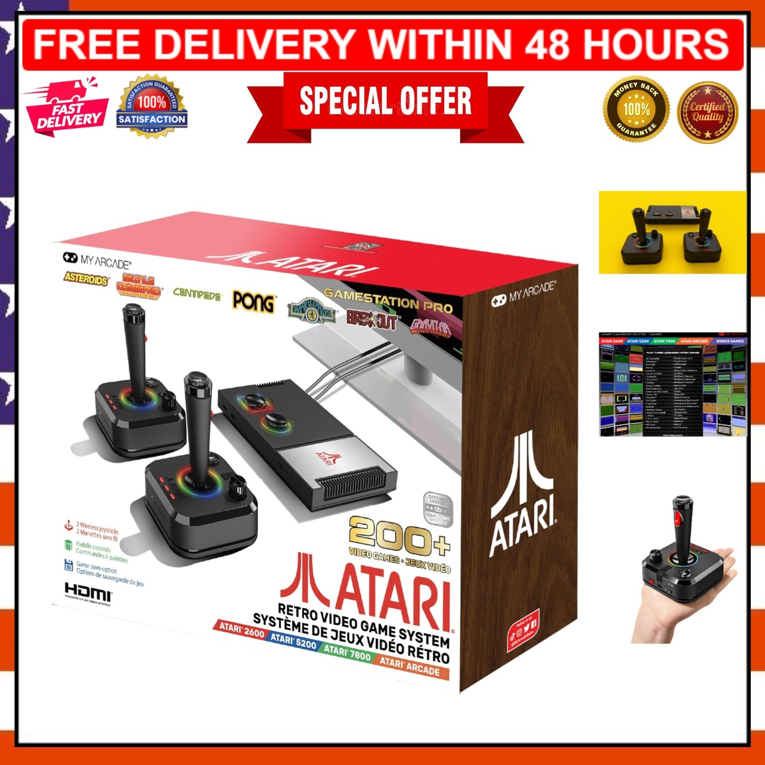 Retro Atari Game Console Pro with 200+ Titles, Wireless Joysticks, RGB Lights