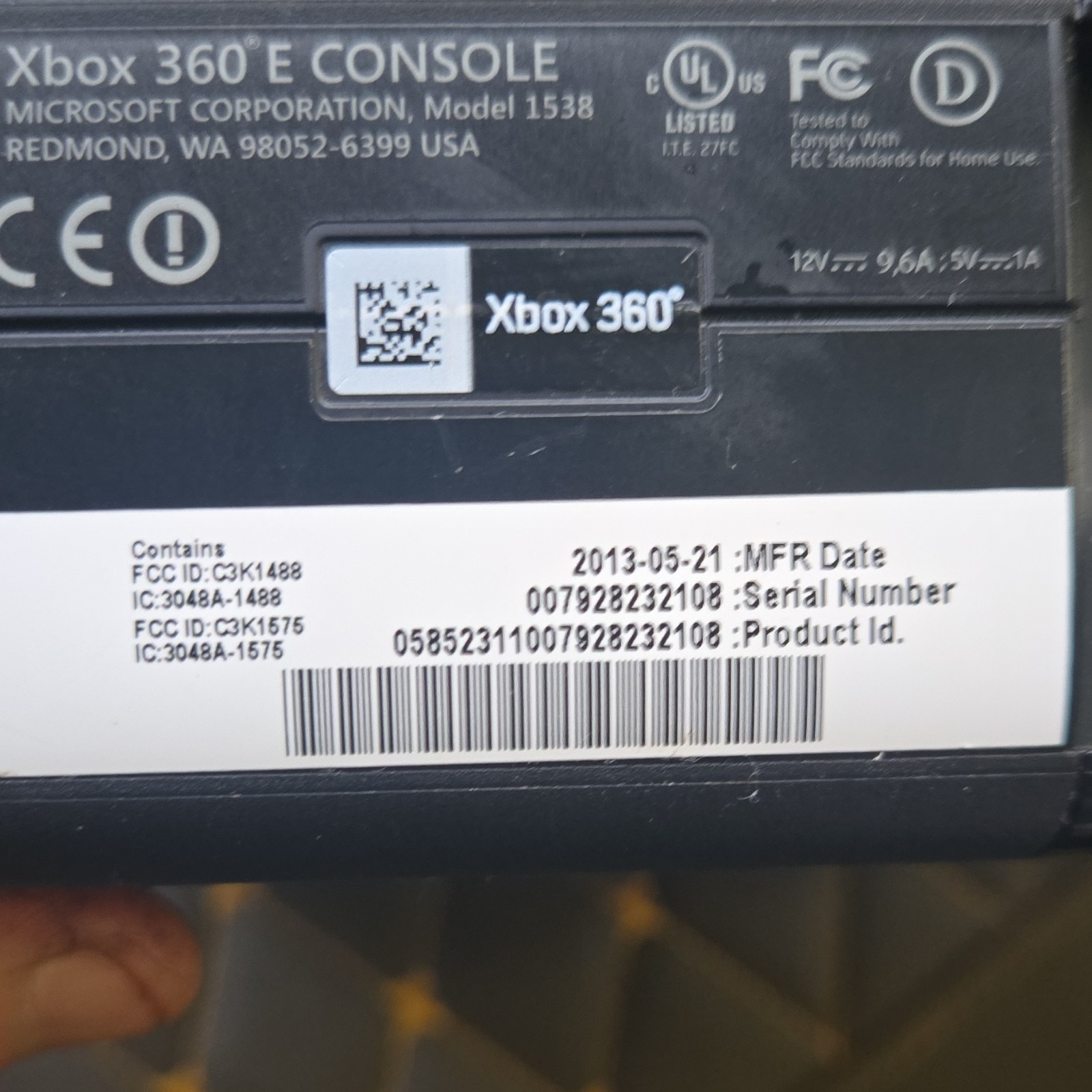 Microsoft Xbox 360 E 1538 Black Console 2013 Dolby Digital HDMI AV USB Ethernet