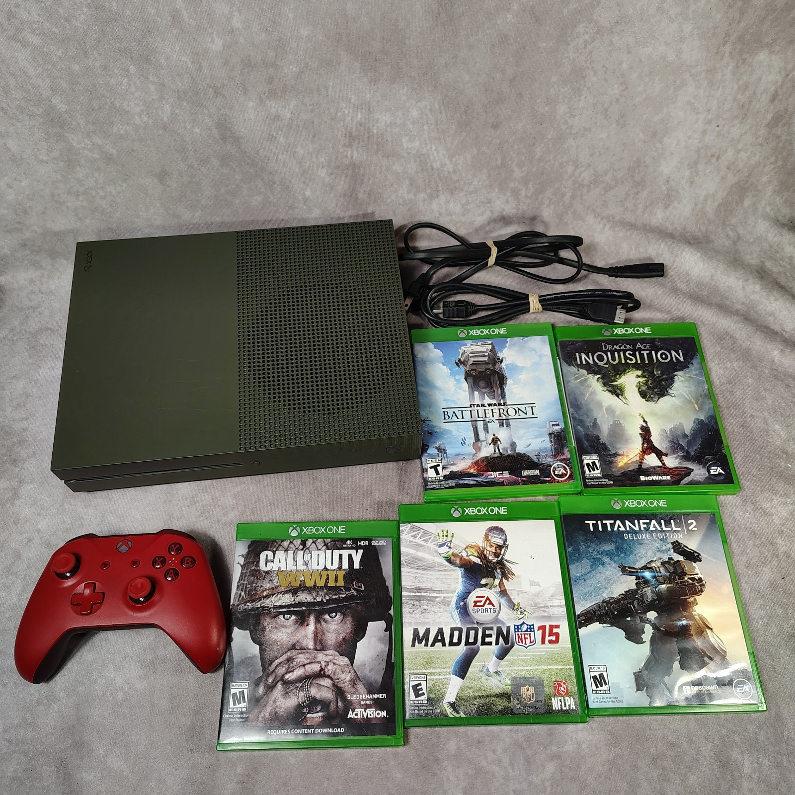 Xbox One S 1TB Military Green Console Bundle 5 Games and Red Controller