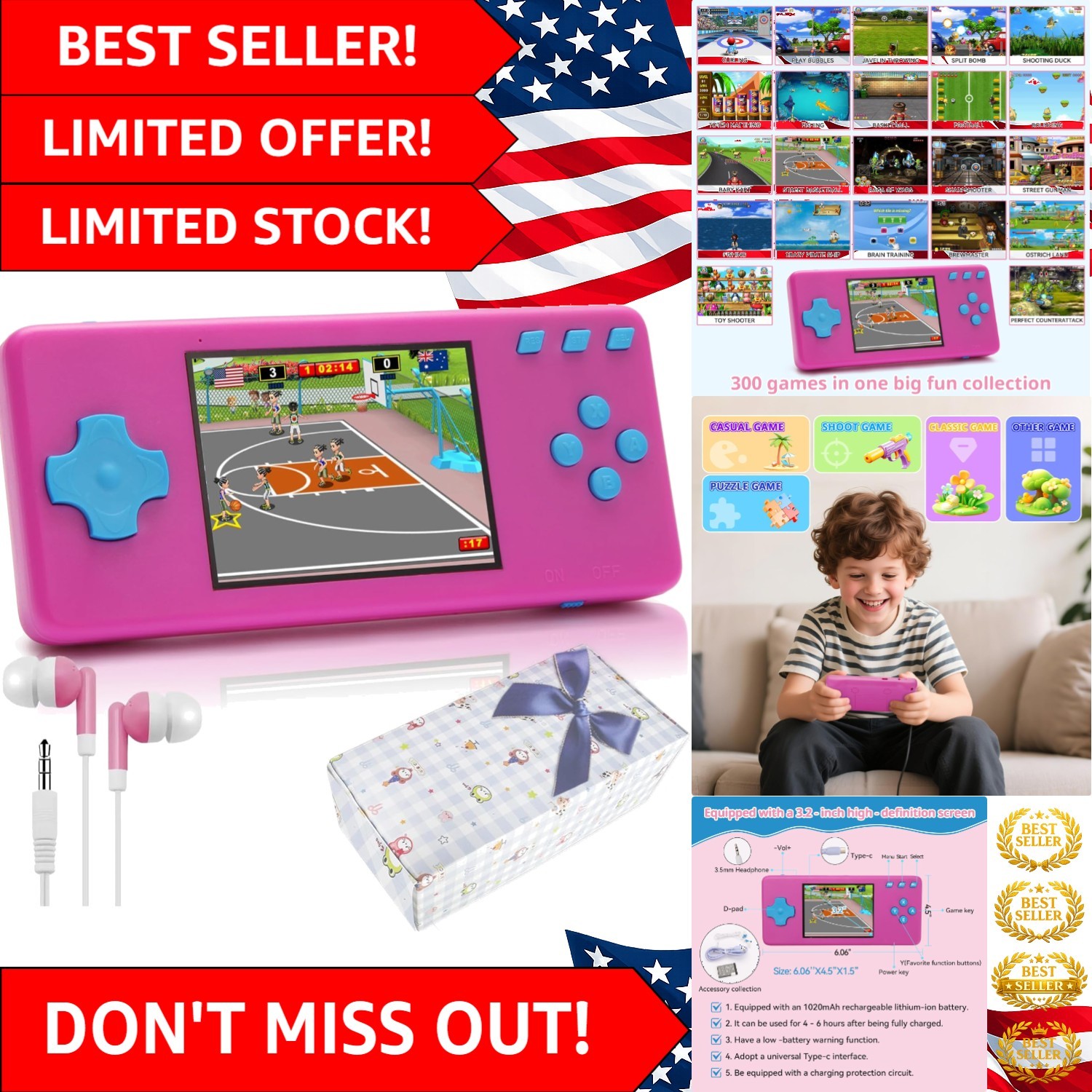 3.2-Inch Handheld Game Console with 300 Retro Games – Perfect Kid Gift in Blu…