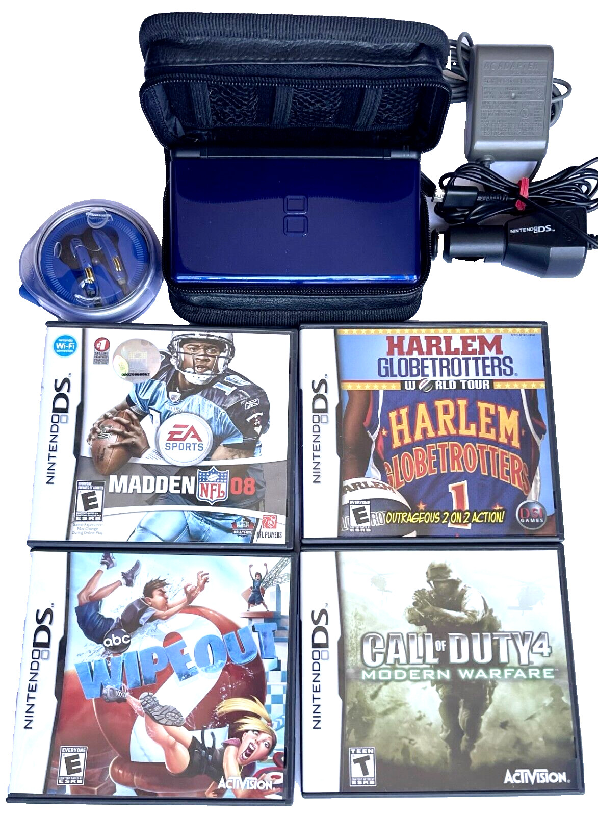 NINTENDO DS LITE DARK BLUE GAME CONSOLE WITH 4 GAMES, EARBUDS, CASE & 2 CHARGERS