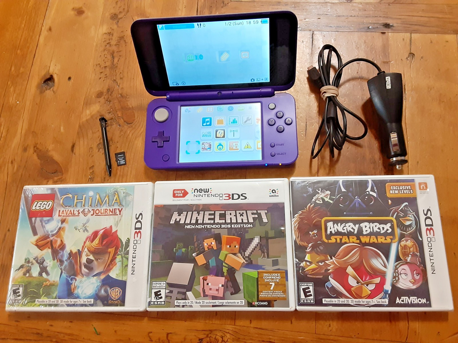 Nintendo 2DS XL Purple/Silver Console W/ 3 Games, Charger, Stylus, MicroSD Card