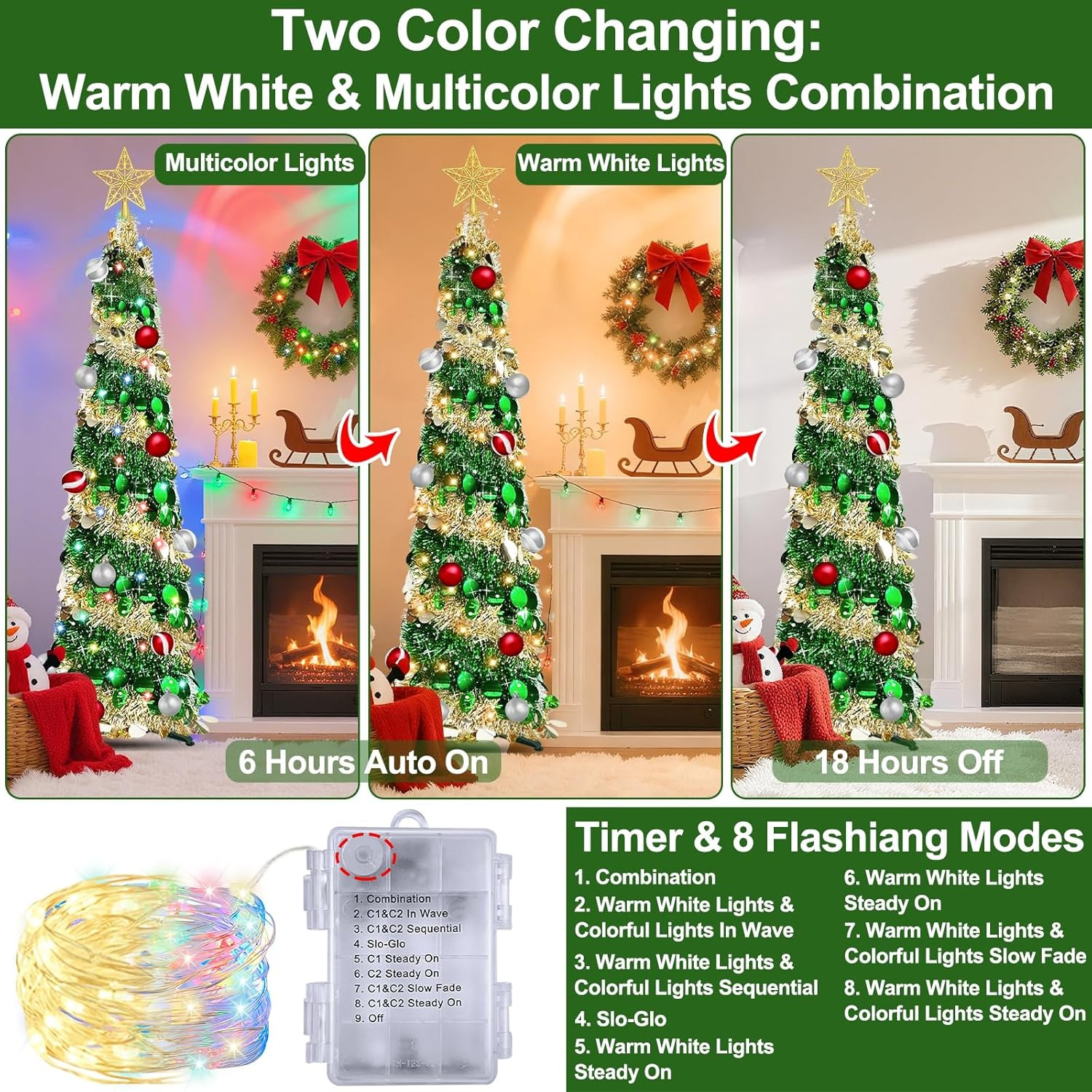 Dual Color Switch&Timer 5 Ft Gold Pop up Christmas Tree with 50 Warm White&Color