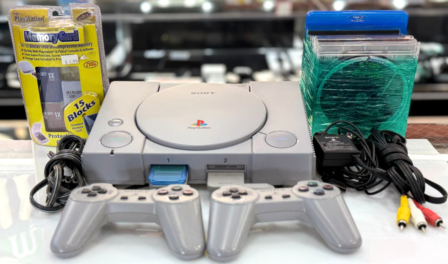 Original Sony PS1 W/Wires 2 Remotes Adapters AC Cord Memory Cards & 10 Games