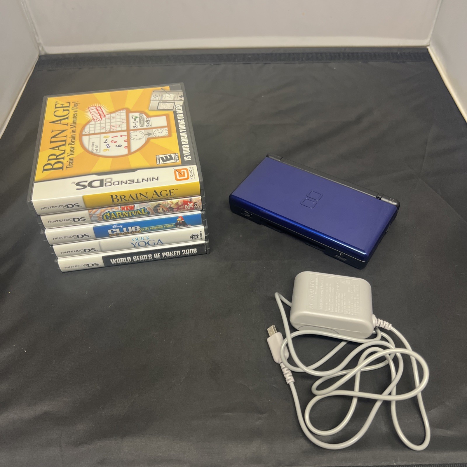 Nintendo DS Lite Cobalt Blue Handheld Console Charger And 5 Games READ