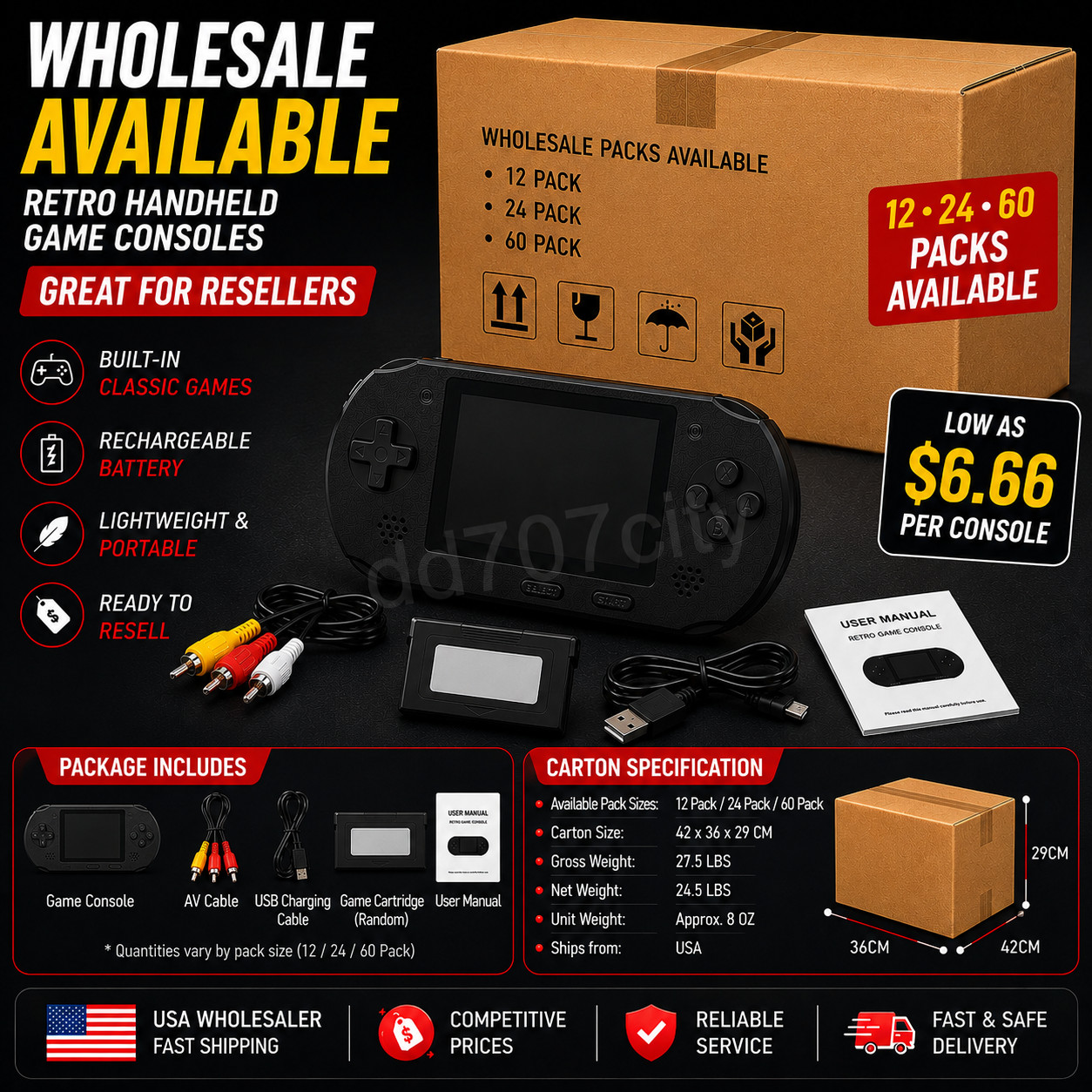Wholesale Black Retro Handheld Game Consoles 12 24 60 Pack Rechargeable 16 Bit
