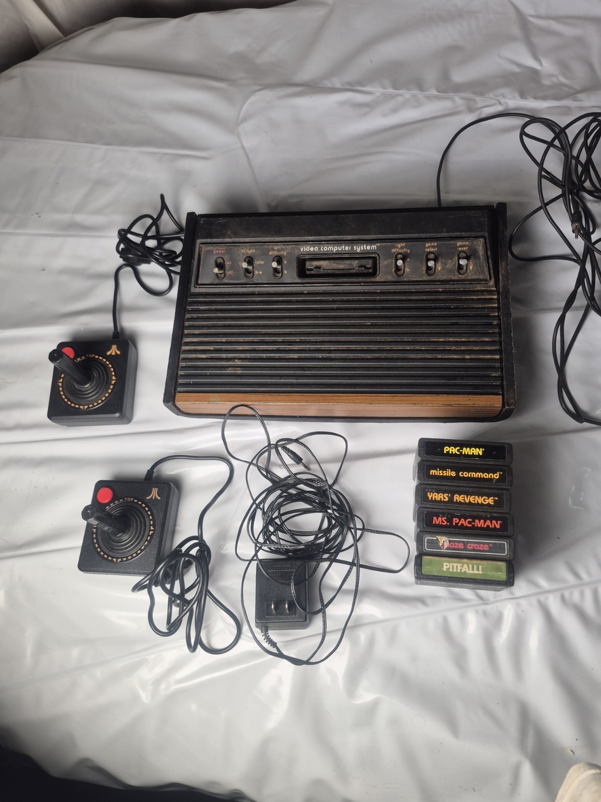 ATARI CX2600 FOUR SWITCH WOODY Console with 6 Game Bundle 2 Joysticks CX-2600