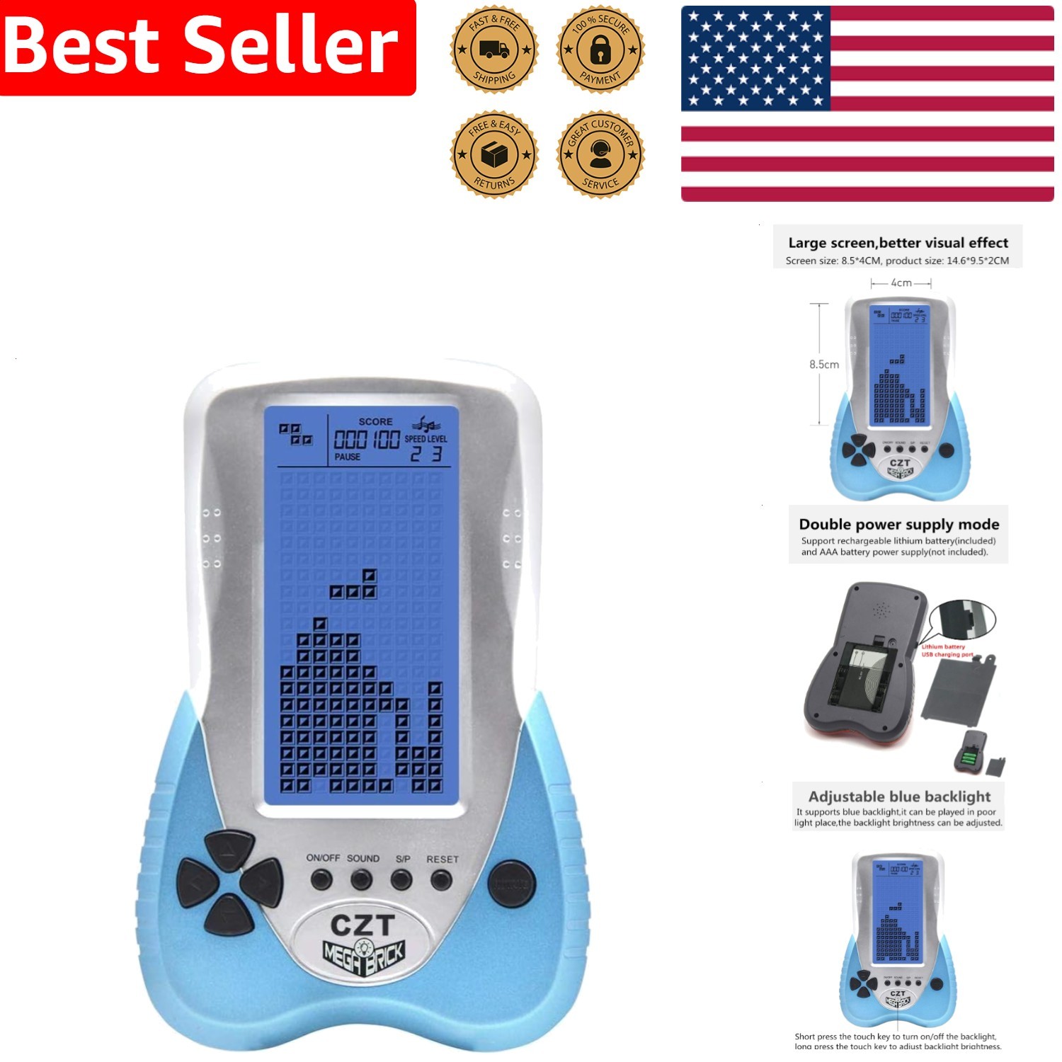Retro Brick Game Console Big Blue 4.1