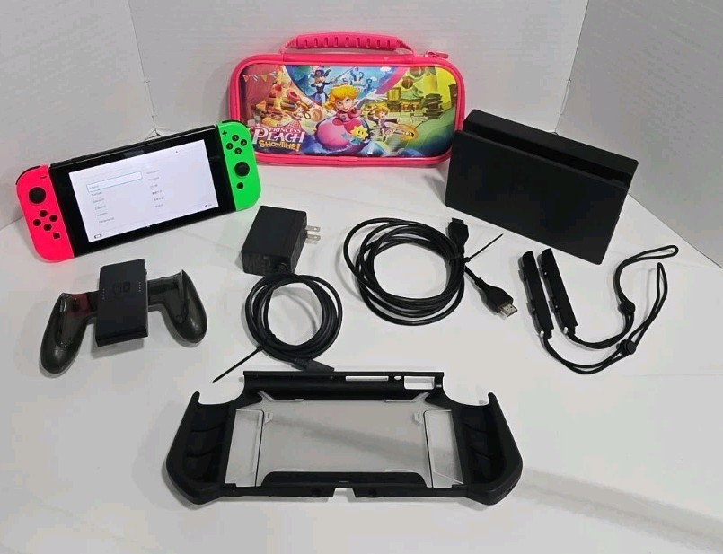 Nintendo Switch Game Console HAC-001 (01) Neon Joycons + Princess Peach Case VGC
