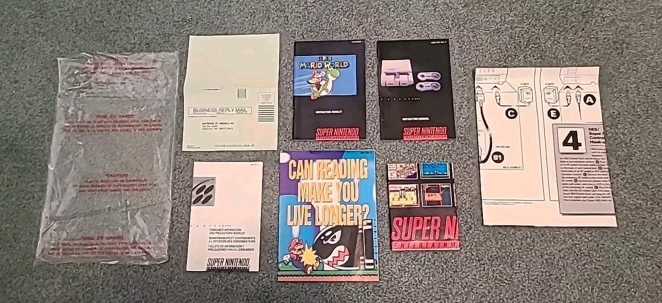 Super Nes Super Set Super Mario World (100% Complete W/Rare Reg. Card & all Bags