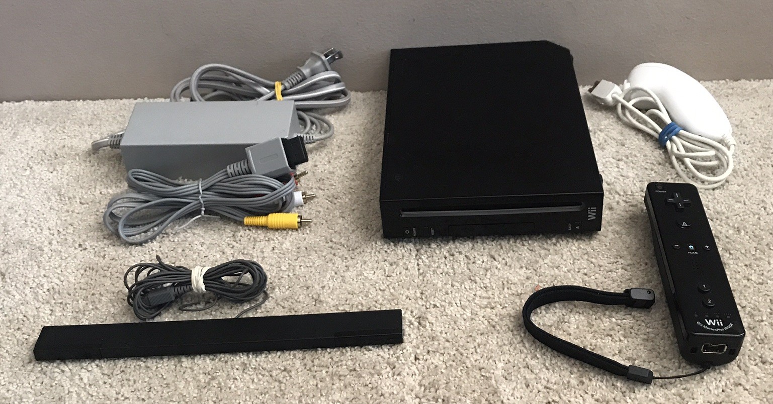 Nintendo Wii RVL-001 Black System with Cables and Motion Plus Controller TESTED