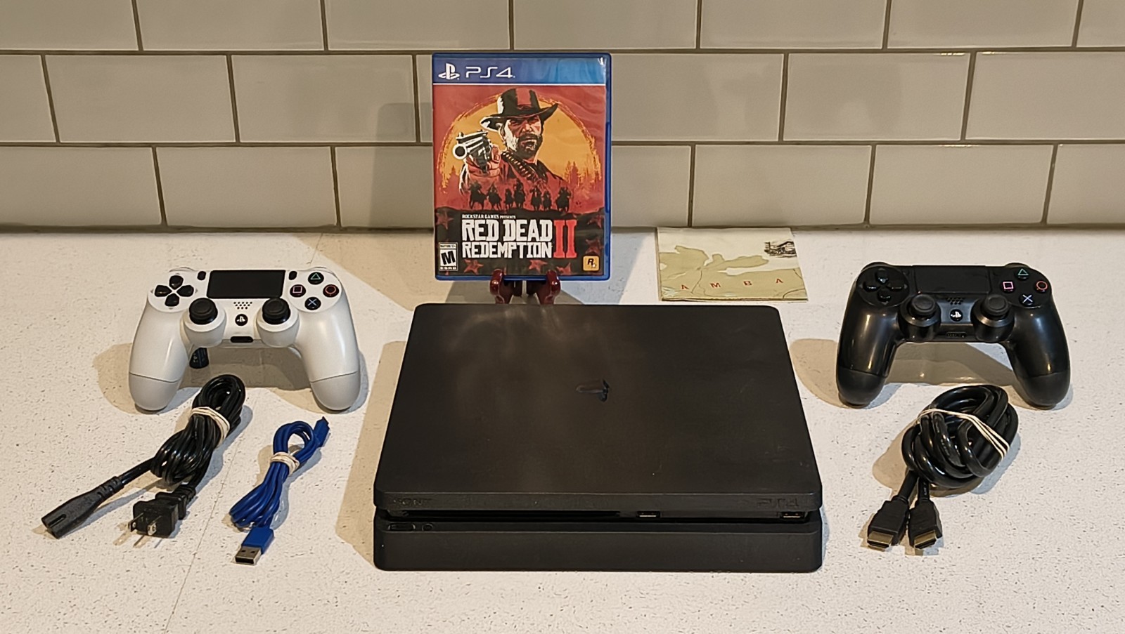 Sony PlayStation 4 PS4 Slim Console w/ 2 Controllers, RDR2 Game, HDMI & Power