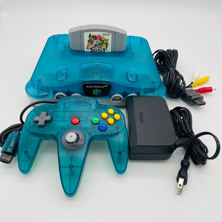 Nintendo 64 Clear Blue Console + Controller + Cables with Smash Bros. Set Used