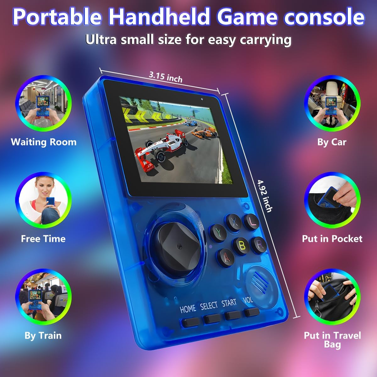 16-Bit Handheld Game Console with 100 Preloaded HD Games – Transparent Blue